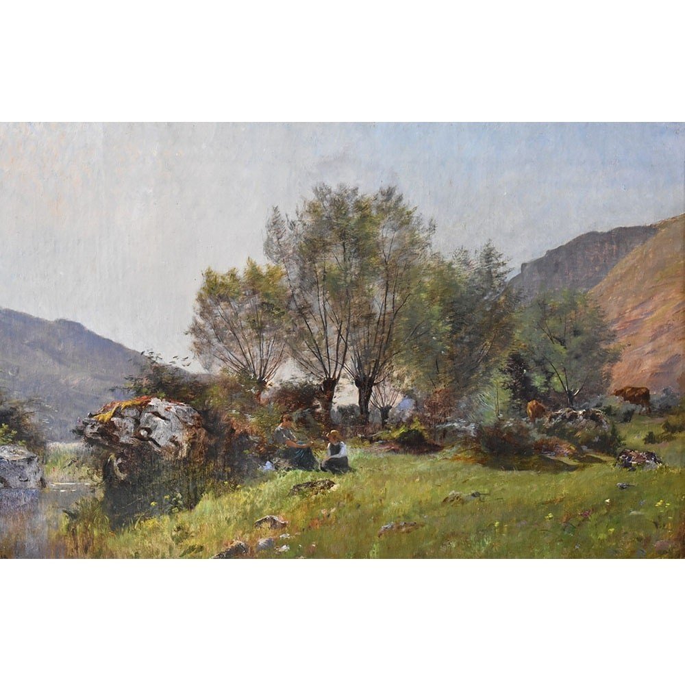 DIPINTI ANTICHI CON PAESAGGI, PAESAGGIO CON FIUME E DUE DONNE, OLIO SU TELA, XIX SECOLO.(QP599)-photo-2