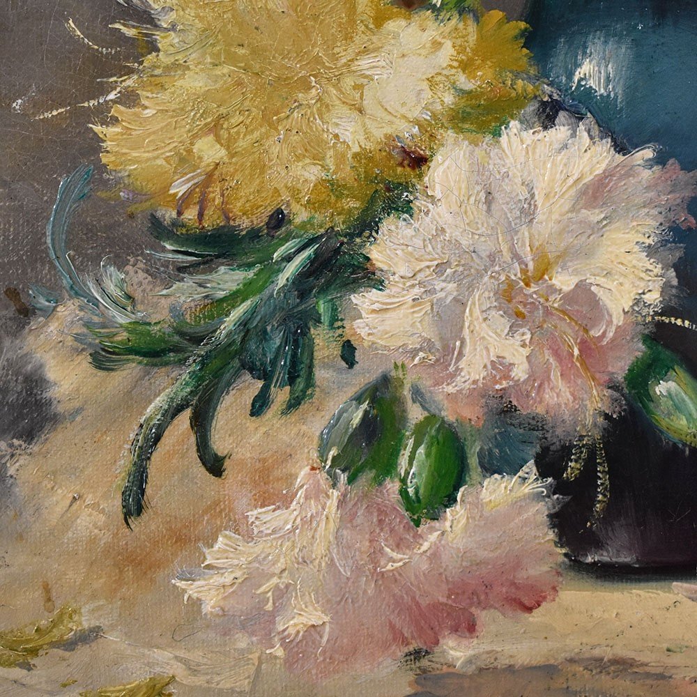 DIPINTI DI FIORI CON GAROFANI, CAUCHOIS EUGENE HENRI, OLIO SU TELA, QUADRI ANTICHI. (QF601)-photo-3