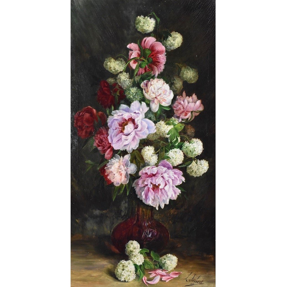 QUADRI ANTICHI, NATURA MORTA  FIORI CON PEONIE, OLIO SU TELA, DI EPOCA PRIMI DEL 1900. (QF602)-photo-2