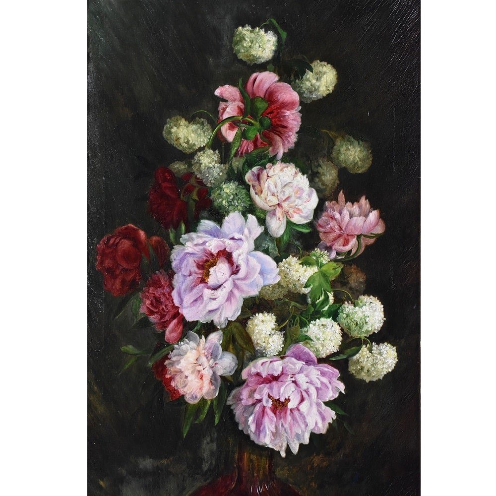 QUADRI ANTICHI, NATURA MORTA  FIORI CON PEONIE, OLIO SU TELA, DI EPOCA PRIMI DEL 1900. (QF602)-photo-3