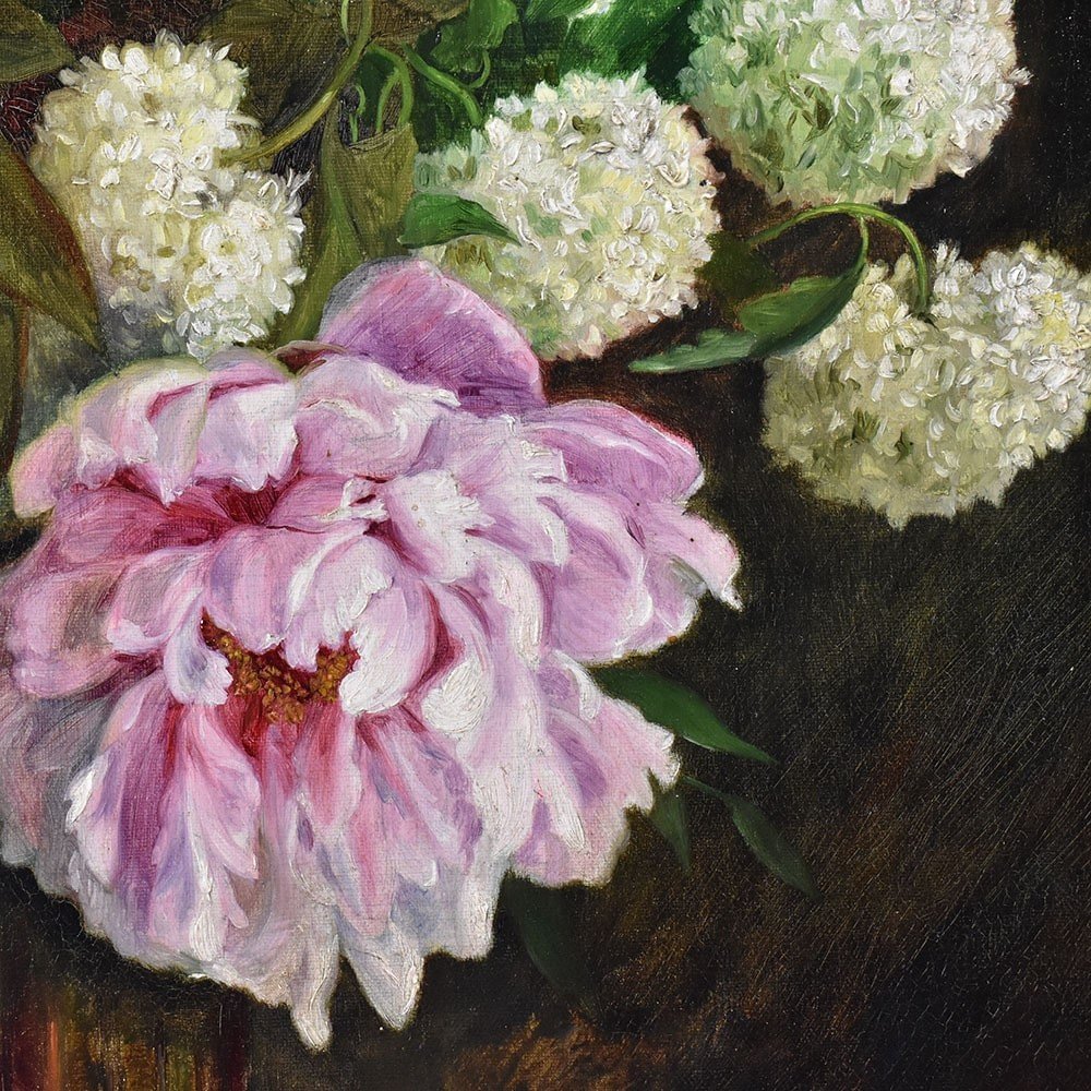 QUADRI ANTICHI, NATURA MORTA  FIORI CON PEONIE, OLIO SU TELA, DI EPOCA PRIMI DEL 1900. (QF602)-photo-2