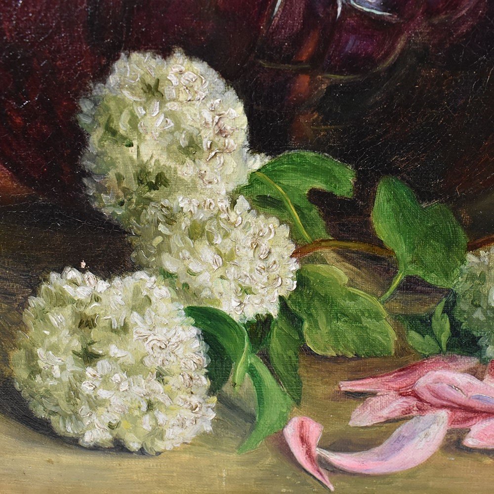 QUADRI ANTICHI, NATURA MORTA  FIORI CON PEONIE, OLIO SU TELA, DI EPOCA PRIMI DEL 1900. (QF602)-photo-3