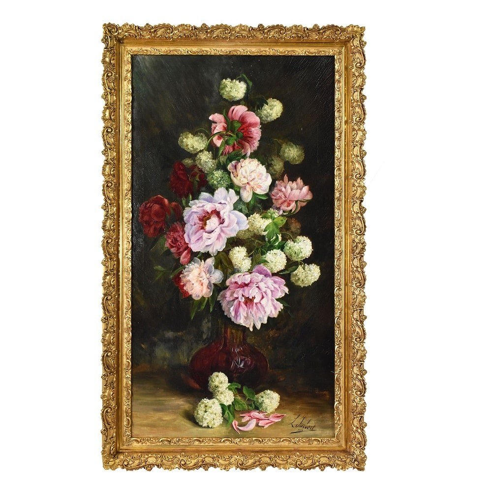 QUADRI ANTICHI, NATURA MORTA  FIORI CON PEONIE, OLIO SU TELA, DI EPOCA PRIMI DEL 1900. (QF602)