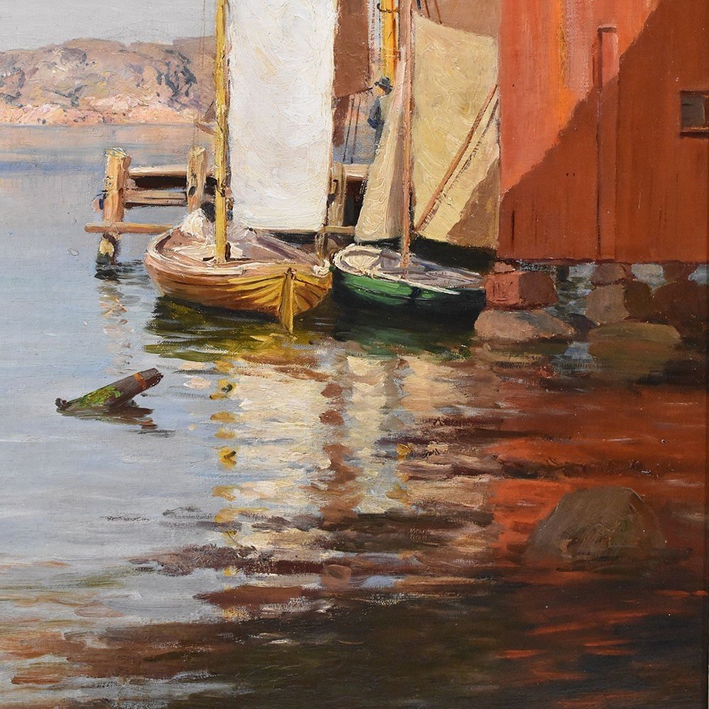 DIPINTI ANTICHI DI MARINE, PAESAGGIO MARINA, SVEZIA, OLIO SU TELA, XIX SECOLO. (QM611)   -photo-4