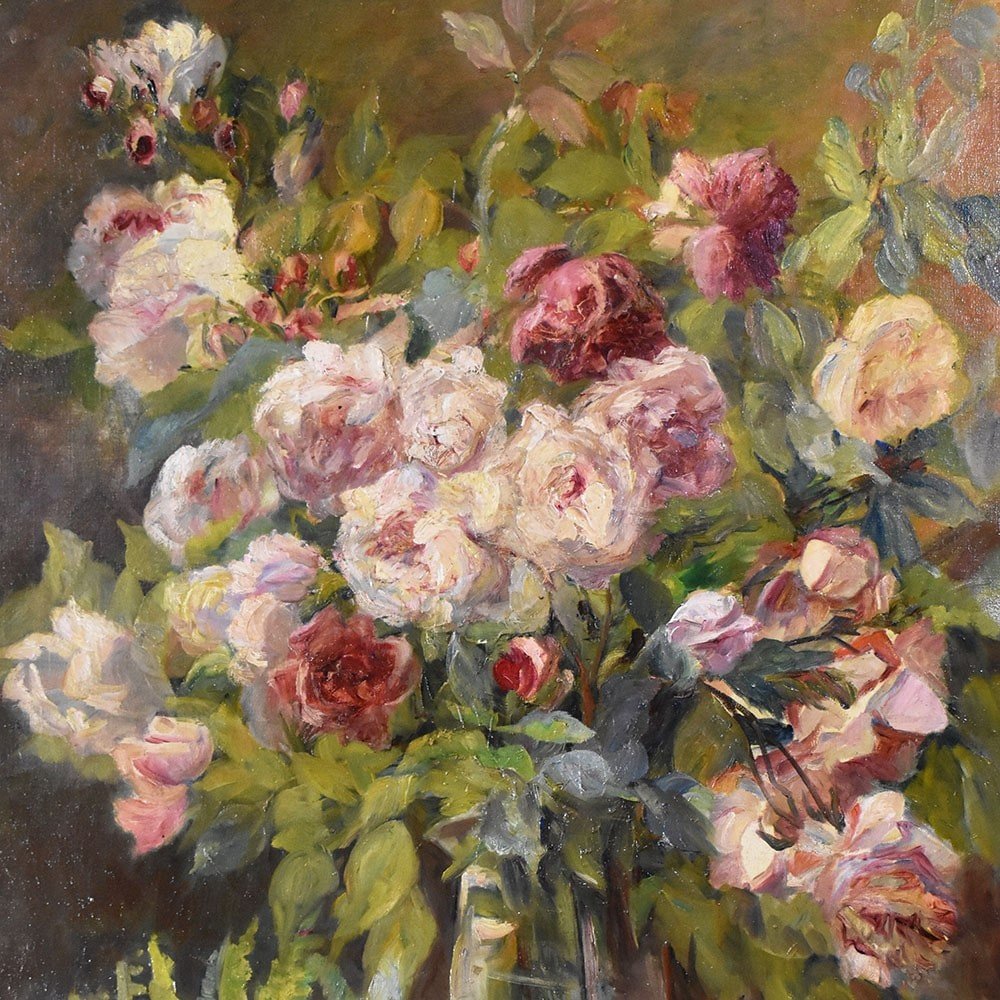 QUADRI ANTICHI DI FIORI, VASO DI ROSE, OLIO SU TELA, FINE DELL'800. (QF612)-photo-3