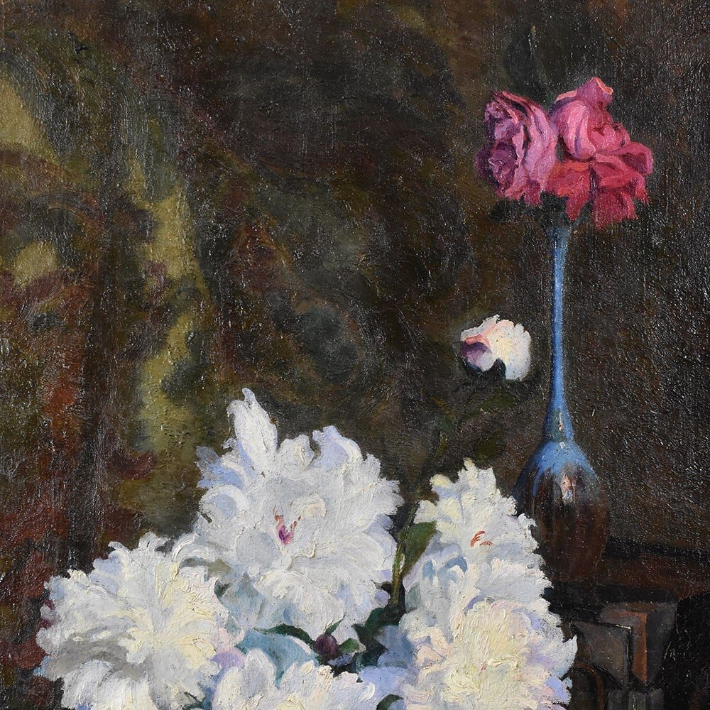 QUADRI ANTICHI, NATURA MORTA FIORI CON PEONIE BIANCHE, OLIO SU TELA, DI EPOCA ART DECO. (QF619)-photo-4