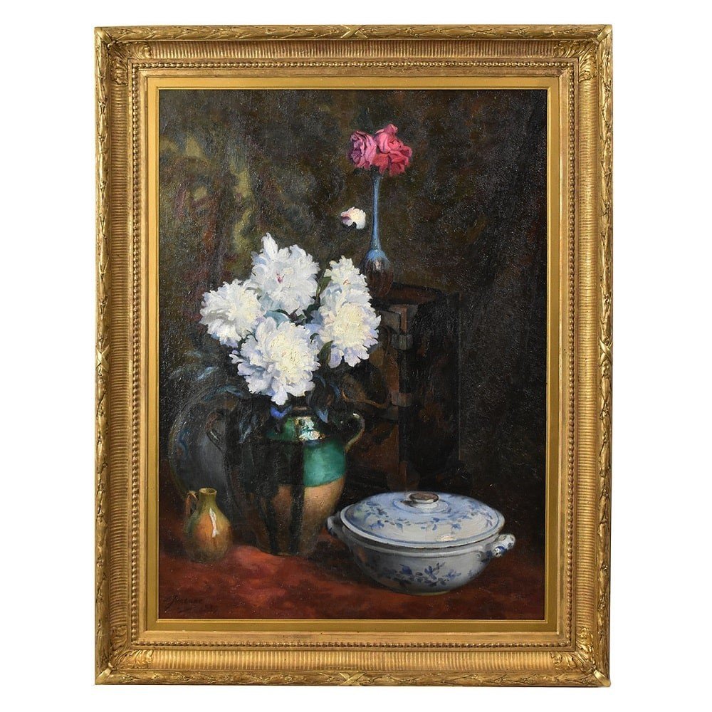 QUADRI ANTICHI, NATURA MORTA FIORI CON PEONIE BIANCHE, OLIO SU TELA, DI EPOCA ART DECO. (QF619)