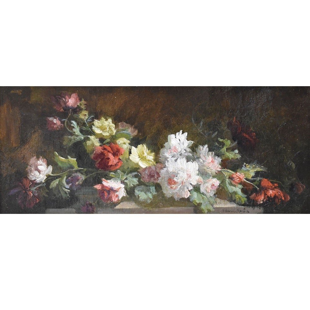 DIPINTI ANTICHI DI FIORI, PICCOLE ROSE, PITTURA  AD OLIO SU TELA, DELL'800. (QF600)-photo-2