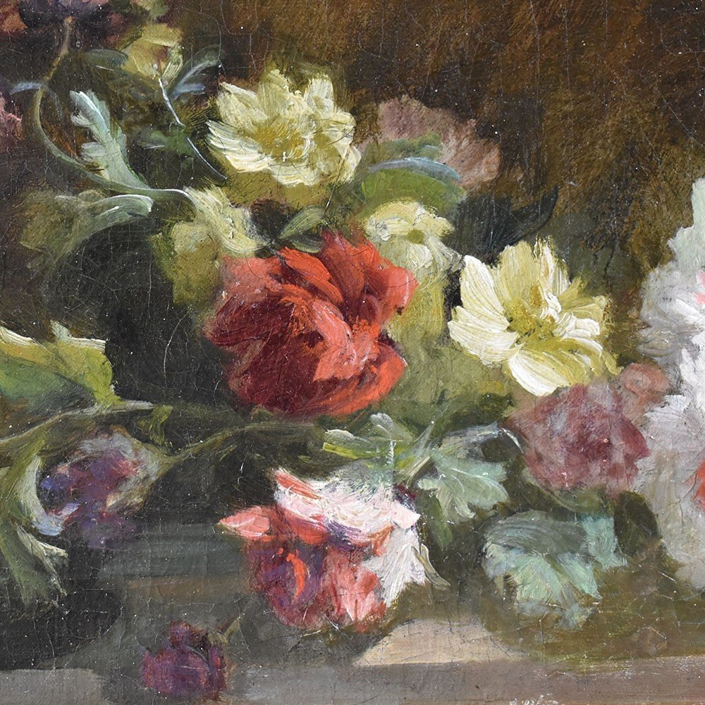 DIPINTI ANTICHI DI FIORI, PICCOLE ROSE, PITTURA  AD OLIO SU TELA, DELL'800. (QF600)-photo-3