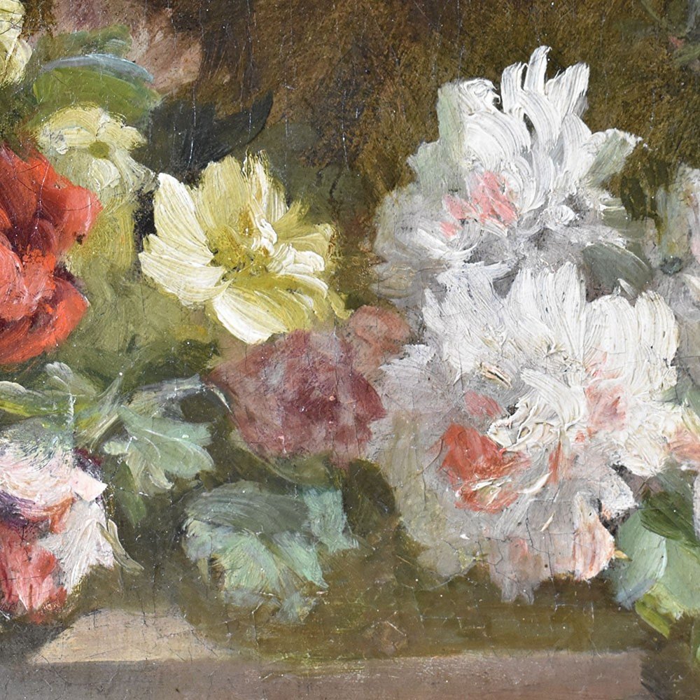 DIPINTI ANTICHI DI FIORI, PICCOLE ROSE, PITTURA  AD OLIO SU TELA, DELL'800. (QF600)-photo-1