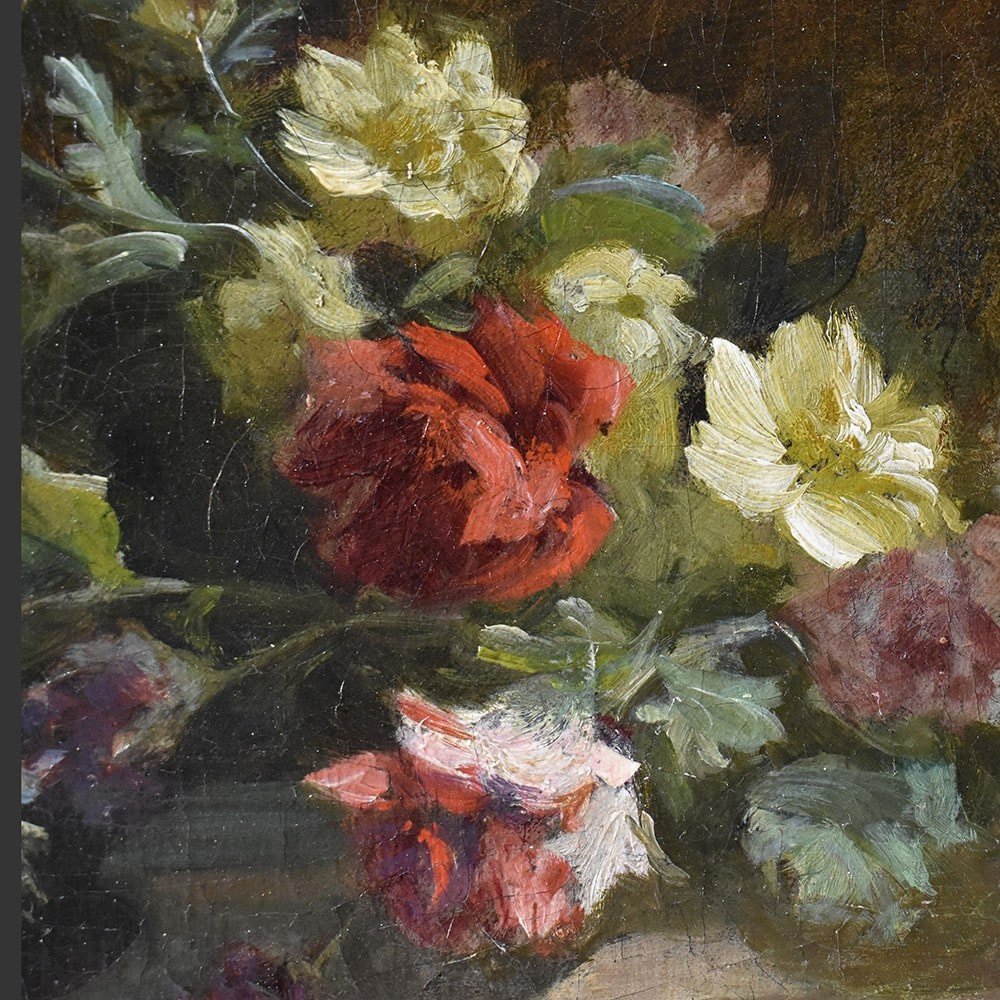 DIPINTI ANTICHI DI FIORI, PICCOLE ROSE, PITTURA  AD OLIO SU TELA, DELL'800. (QF600)-photo-2