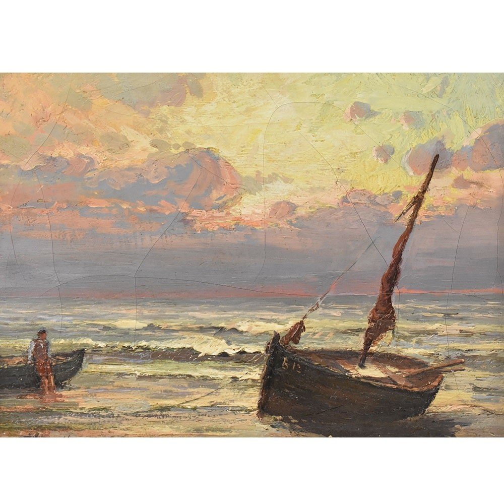 DIPINTI ANTICHI DI MARINE, PAESAGGIO DI MARE CON BARCA, OLIO SU TELA, FINE XIX SECOLO. (QM625)-photo-3