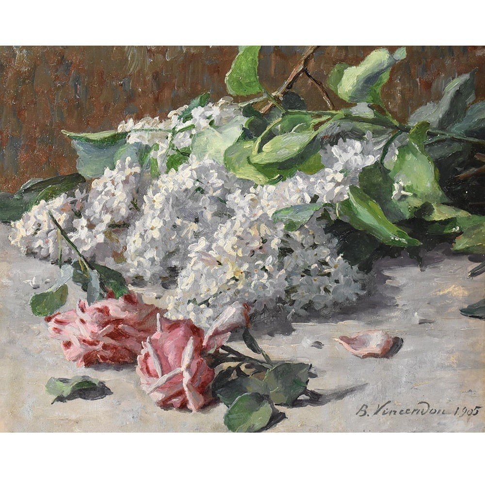 QUADRI ANTICHI, ART NOUVEAU, NATURA MORTA CON FIORI DI ROSE E LILLÀ, OLIO SU TELA, XX. (QF627)-photo-2