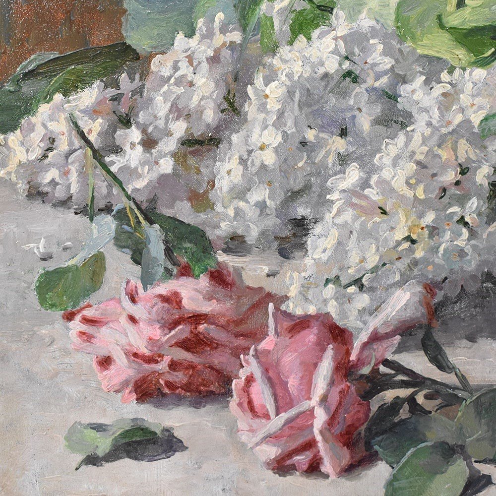 QUADRI ANTICHI, ART NOUVEAU, NATURA MORTA CON FIORI DI ROSE E LILLÀ, OLIO SU TELA, XX. (QF627)-photo-1