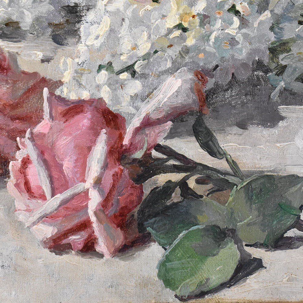 QUADRI ANTICHI, ART NOUVEAU, NATURA MORTA CON FIORI DI ROSE E LILLÀ, OLIO SU TELA, XX. (QF627)-photo-2