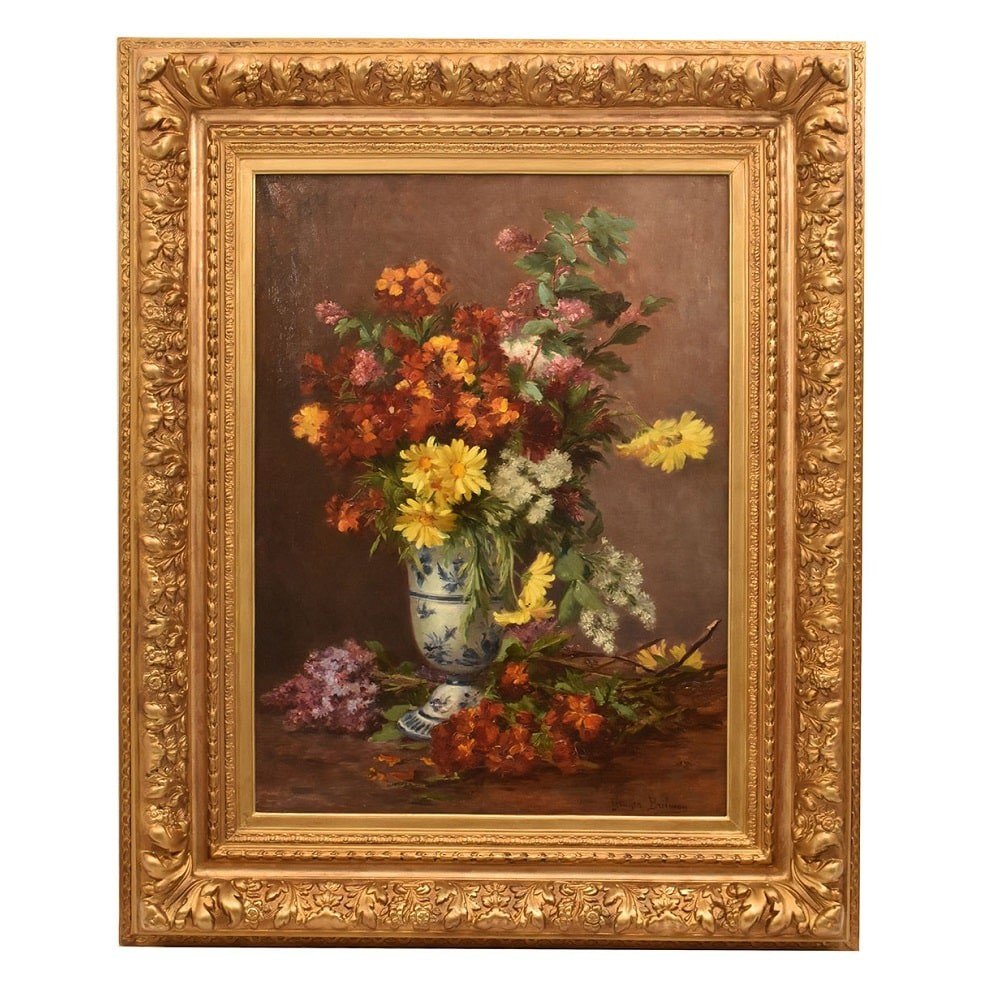 DIPINTI ANTICHI DI FIORI, NATURE MORTE CON MARGHERITE E LILLÁ, OLIO SU TELA, DELL 800. (QF630)