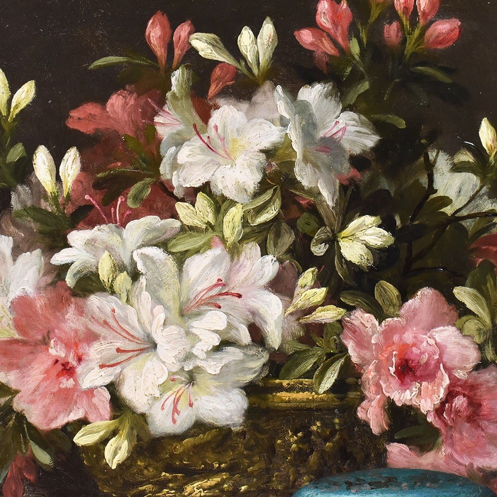 DIPINTI ANTICHI DI FIORI, NATURE MORTE CON GLADIOLI, OLIO SU TELA, DELL 800. (QF631)-photo-4