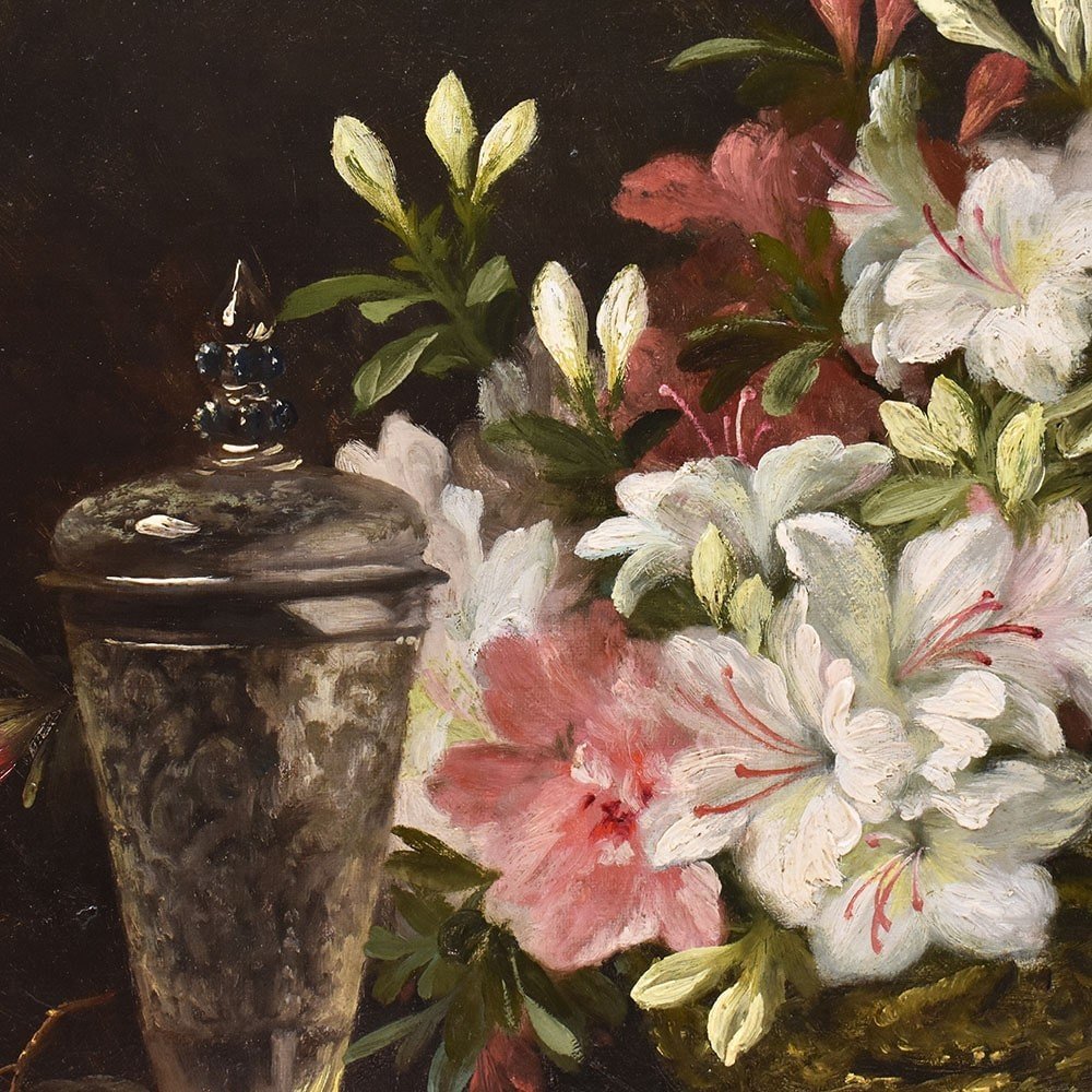 DIPINTI ANTICHI DI FIORI, NATURE MORTE CON GLADIOLI, OLIO SU TELA, DELL 800. (QF631)-photo-1