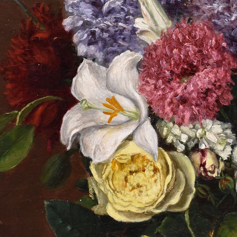 DIPINTI ANTICHI DI FIORI, NATURE MORTE CON GIGLI E ROSE, OLIO SU TELA, DELL 800. (QF635)-photo-1