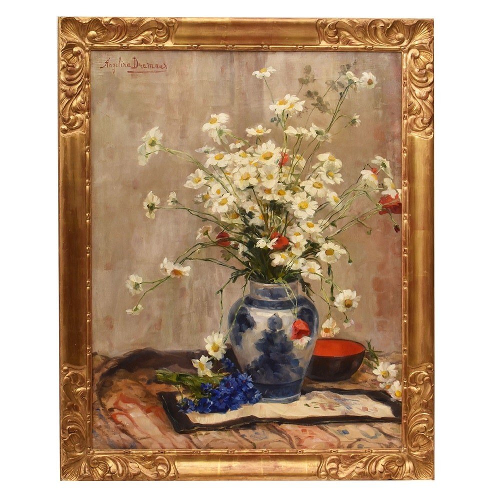 QUADRI ANTICHI, ART DECO, NATURA MORTA CON FIORI DI MARGHERITE E PAPAVERI, OLIO SU TELA (QF636)