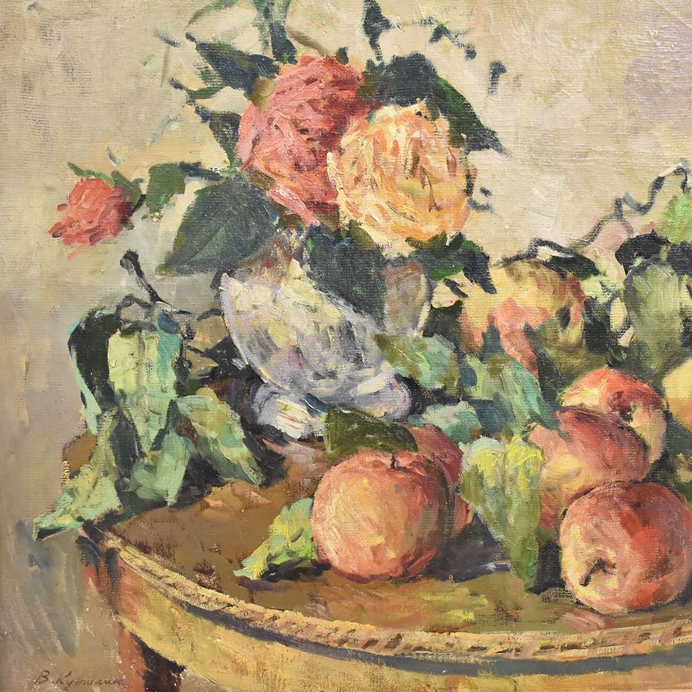 Tableau nature morte, roses et pommes, Art Déco,  XXè siècle. (QNM250) -photo-2