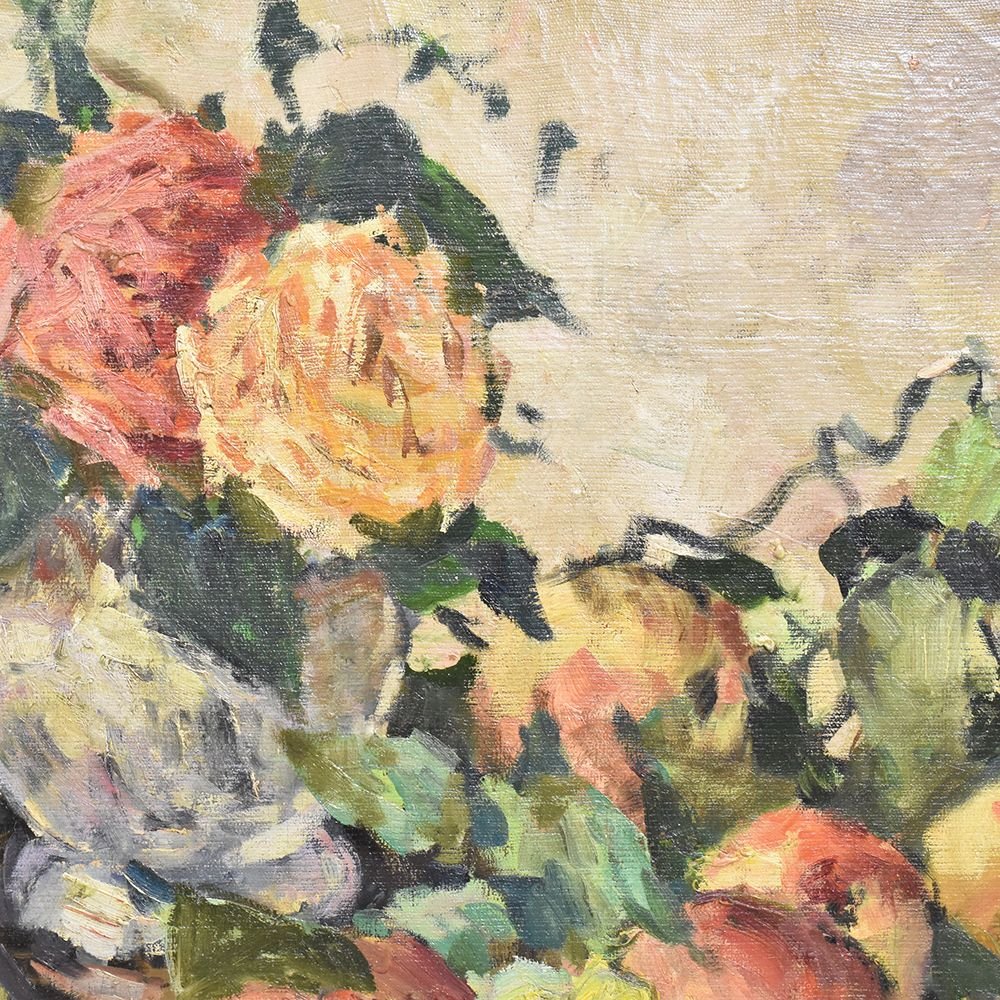 Tableau nature morte, roses et pommes, Art Déco,  XXè siècle. (QNM250) -photo-1