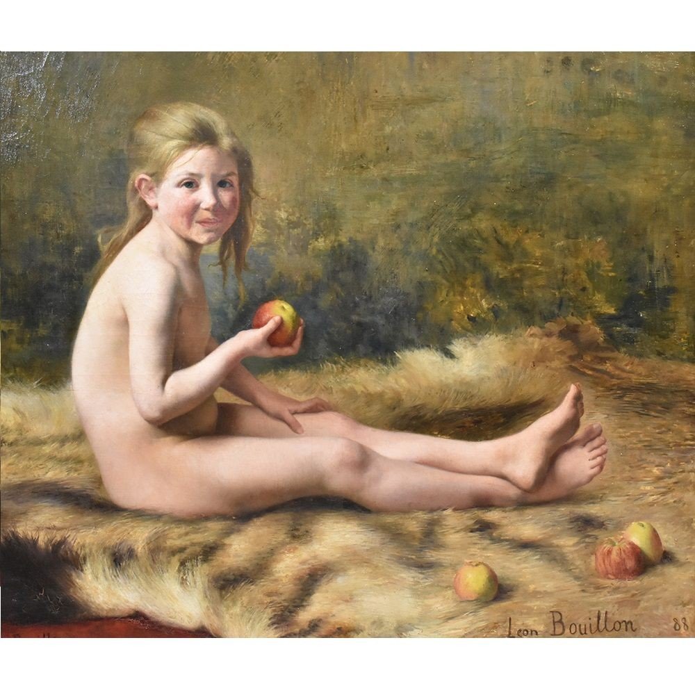 TABLEAUX ANCIENS, PORTRAIT ANCIEN PETITE FILLE ET POMME, HUILE SUR TOILE, XIX. (QR 310)-photo-2