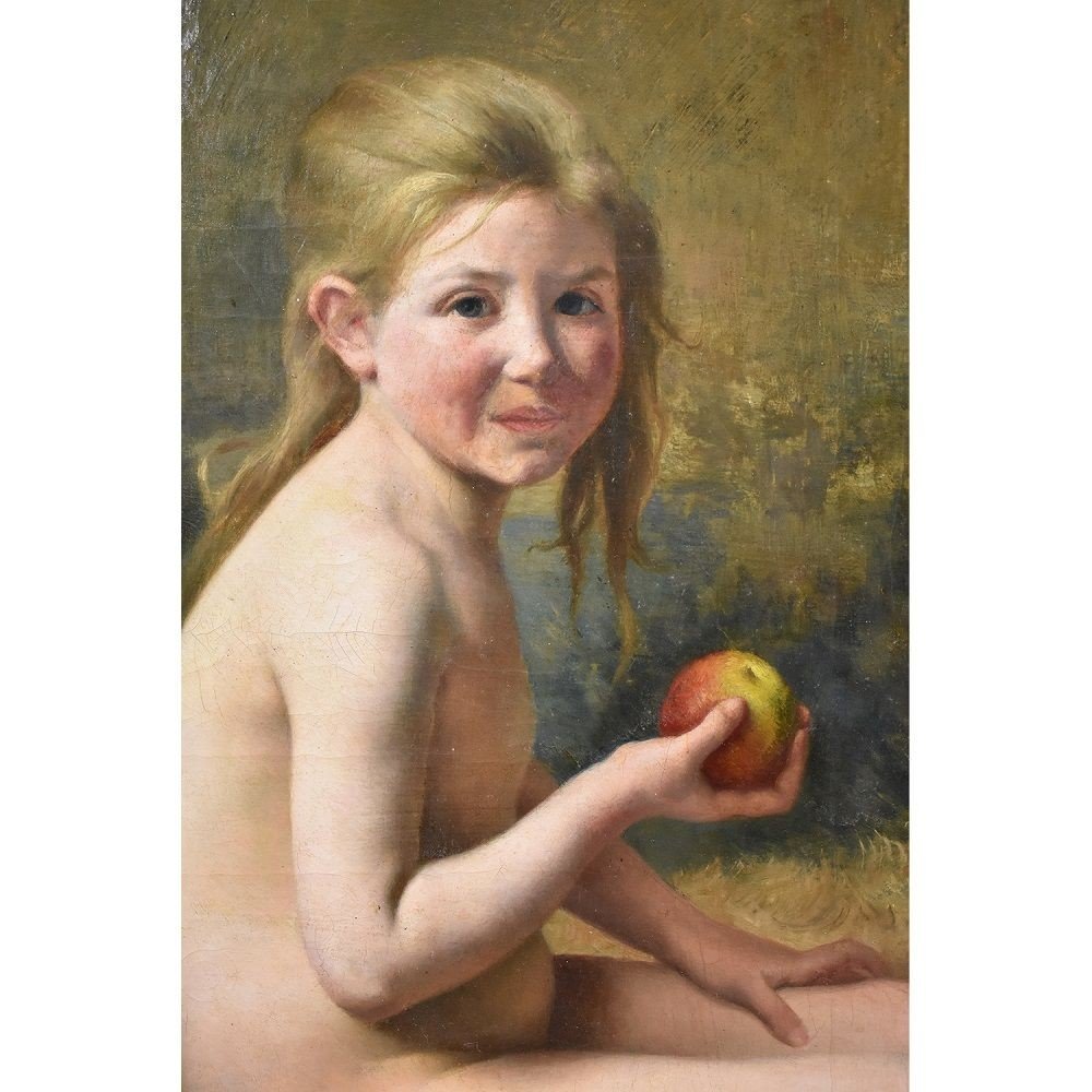 TABLEAUX ANCIENS, PORTRAIT ANCIEN PETITE FILLE ET POMME, HUILE SUR TOILE, XIX. (QR 310)-photo-3