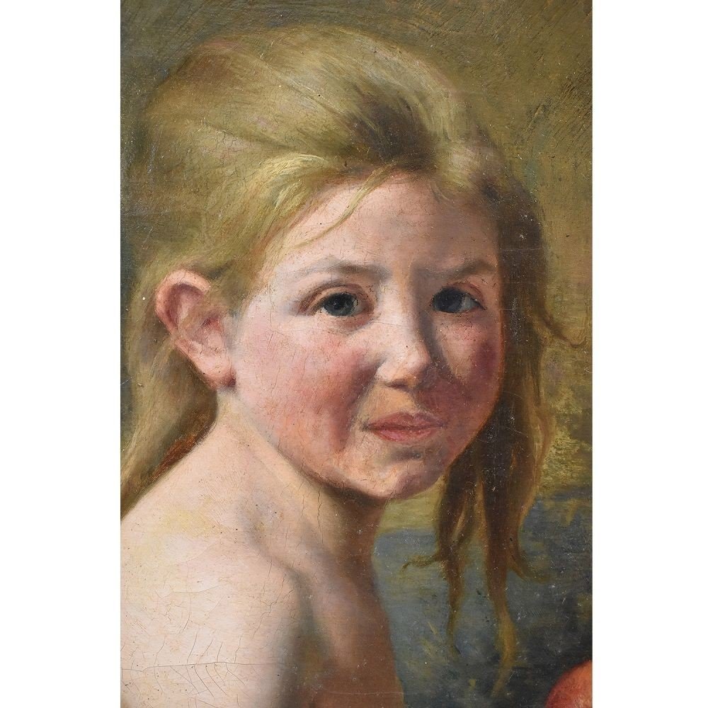 TABLEAUX ANCIENS, PORTRAIT ANCIEN PETITE FILLE ET POMME, HUILE SUR TOILE, XIX. (QR 310)-photo-4