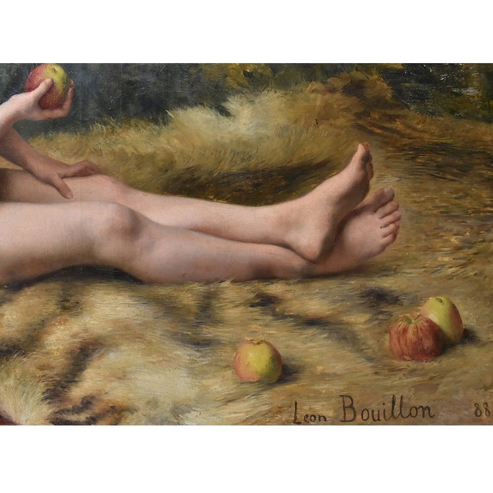 TABLEAUX ANCIENS, PORTRAIT ANCIEN PETITE FILLE ET POMME, HUILE SUR TOILE, XIX. (QR 310)-photo-3