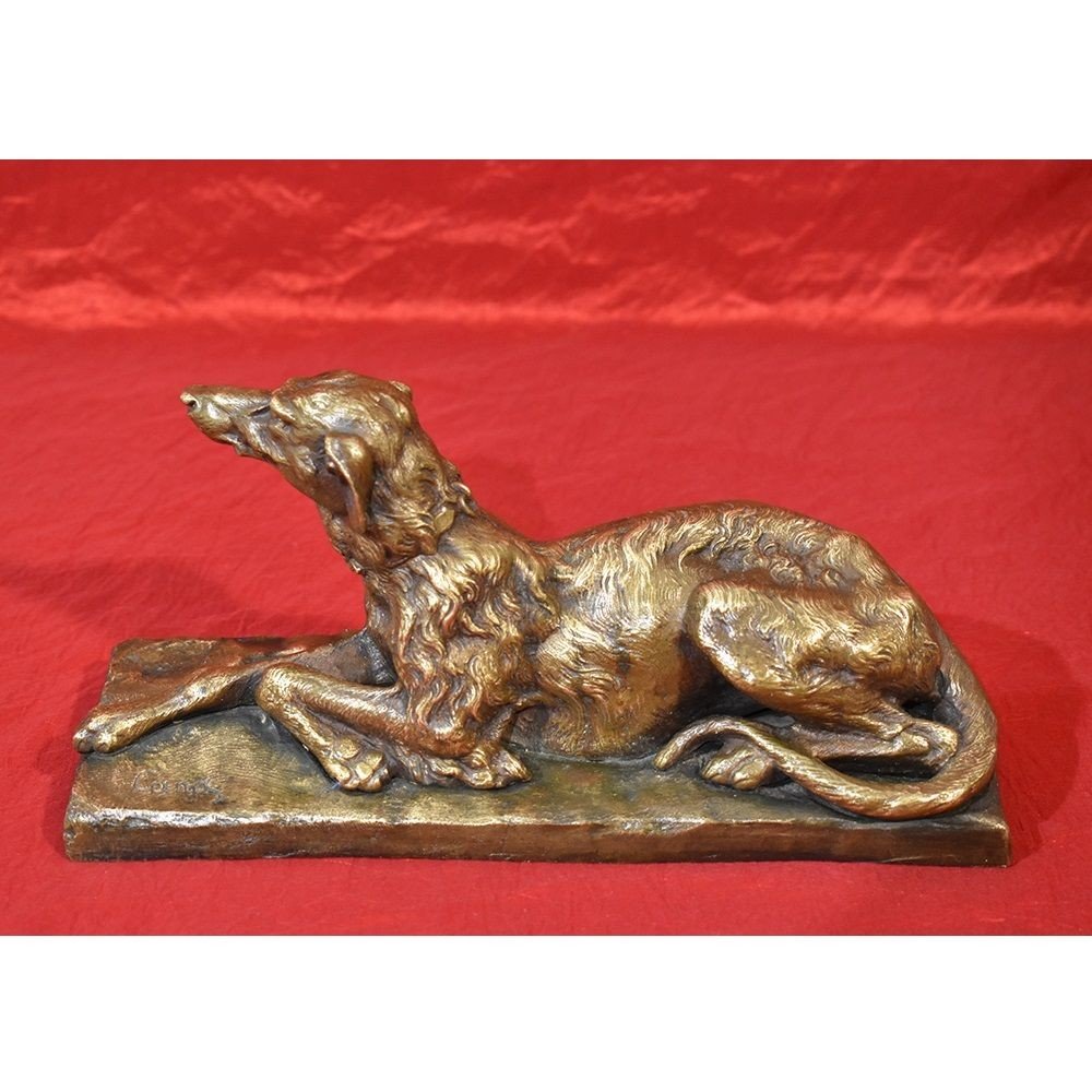 SCULPTURES EN BRONZE, ART DECO SCULPTURE AVEC PETIT CHIEN LÉVRIER,  XXÈ SIÈCLE. (STB49)-photo-2