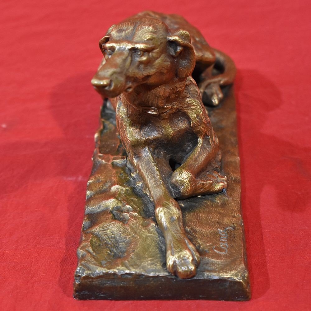 SCULPTURES EN BRONZE, ART DECO SCULPTURE AVEC PETIT CHIEN LÉVRIER,  XXÈ SIÈCLE. (STB49)-photo-3