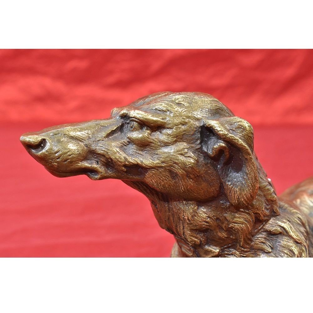 SCULPTURES EN BRONZE, ART DECO SCULPTURE AVEC PETIT CHIEN LÉVRIER,  XXÈ SIÈCLE. (STB49)-photo-2