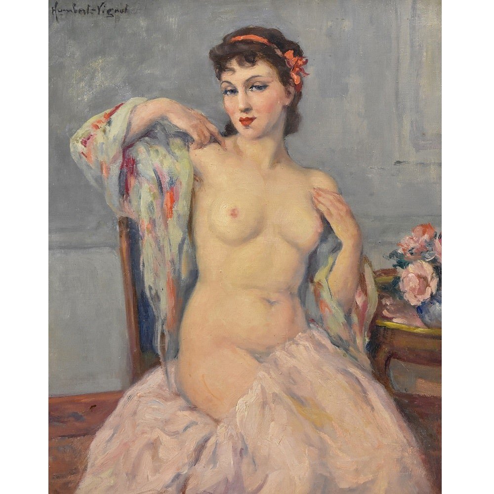 TABLEAUX ART DECO, HUILE SUR TOILE, PEINTURES DE NUS DE FEMMES, HUMBERT-VIGNOL, XX . (QN357)-photo-3