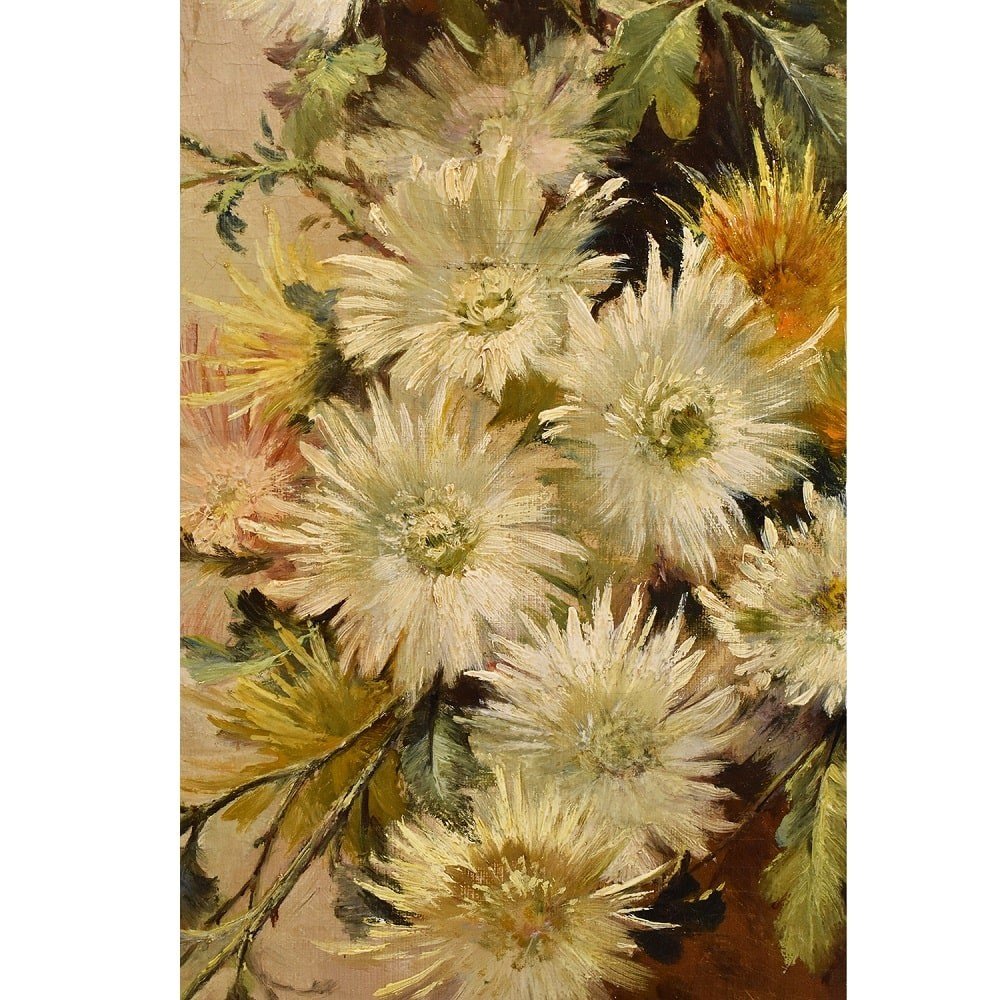 TABLEAUX ANCIENES FLEURS, PEINTURE FLEURS, DAHLIAS, HUILE SUR TOILE, XIXÈ SIÈCLE. (QF 382)-photo-2