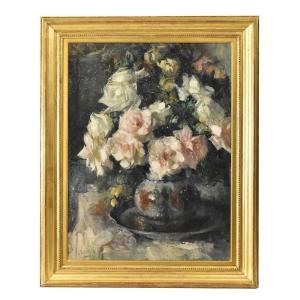 QUADRI ANTICHI, NATURA MORTA CON FIORI DI ROSE, OLIO SU TELA, ART DECO, XX SECOLO. (QF614)