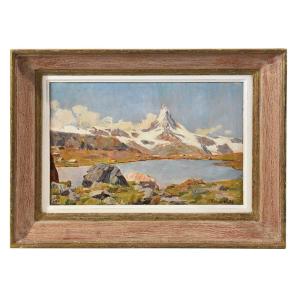 QUADRI PAESAGGI DI MONTAGNA, MONTE CERVINO, ALPI INNEVATE, OLIO SU CARTONE, XX. (QP621)