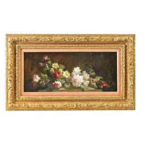 DIPINTI ANTICHI DI FIORI, PICCOLE ROSE, PITTURA  AD OLIO SU TELA, DELL'800. (QF600)