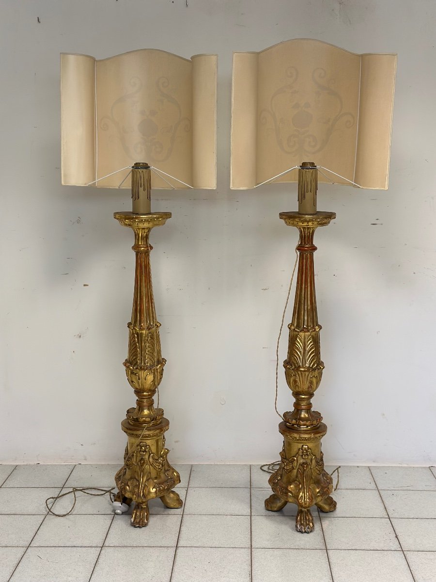 Coppia di candelieri lignei in foglia oro . Primo impero inizio 800.  170 cm-photo-4