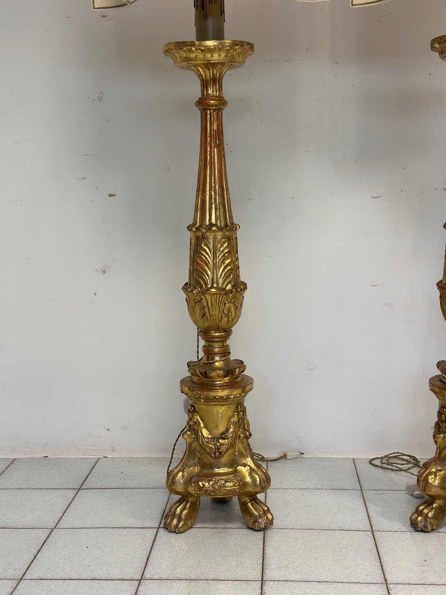 Coppia di candelieri lignei in foglia oro . Primo impero inizio 800.  170 cm-photo-7