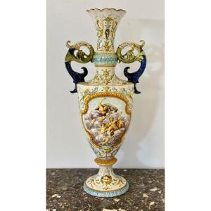 Vaso in maiolica policroma . Giovanni Mollica Napoli XIX secolo. Altezza 78 cm