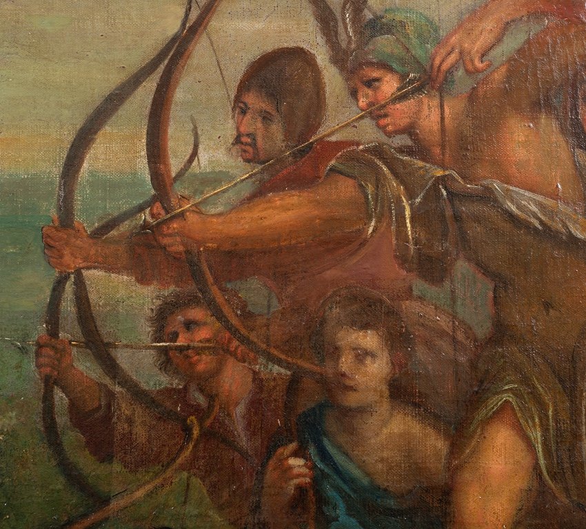 Dipinto antico olio su tela raffigurante il Martirio di San Sebastiano. Periodo XVII secolo.-photo-2