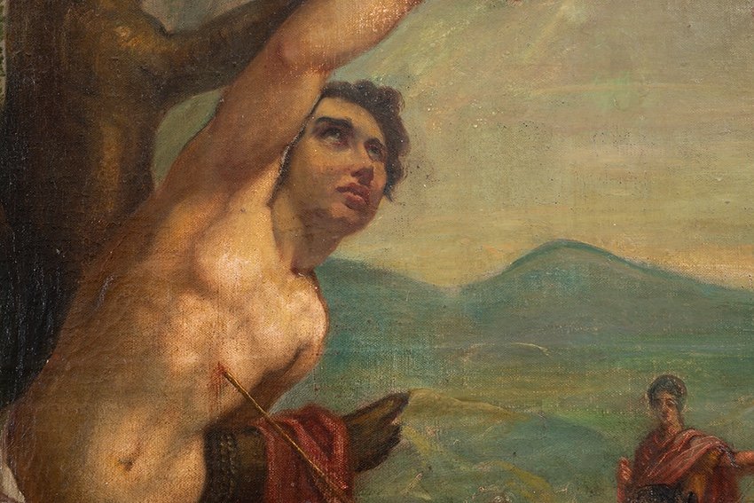 Dipinto antico olio su tela raffigurante il Martirio di San Sebastiano. Periodo XVII secolo.-photo-3