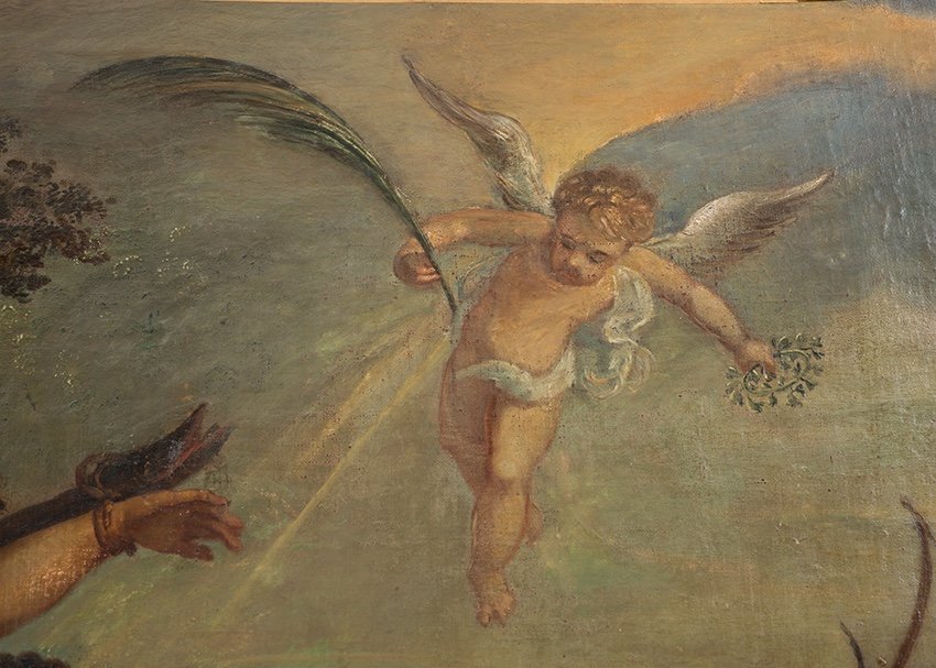 Dipinto antico olio su tela raffigurante il Martirio di San Sebastiano. Periodo XVII secolo.-photo-4
