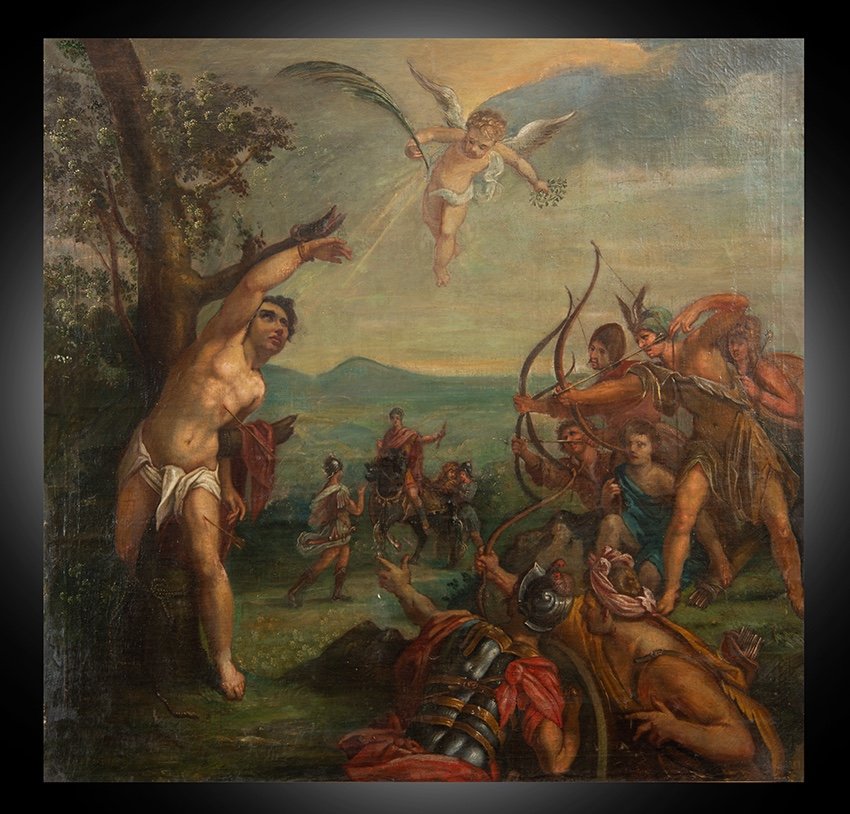 Dipinto antico olio su tela raffigurante il Martirio di San Sebastiano. Periodo XVII secolo.