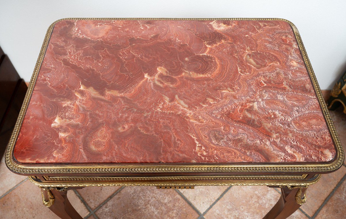 Tavolino antico Napoleone III Francese in massello di mogano con piano in marmo diaspro.-photo-2