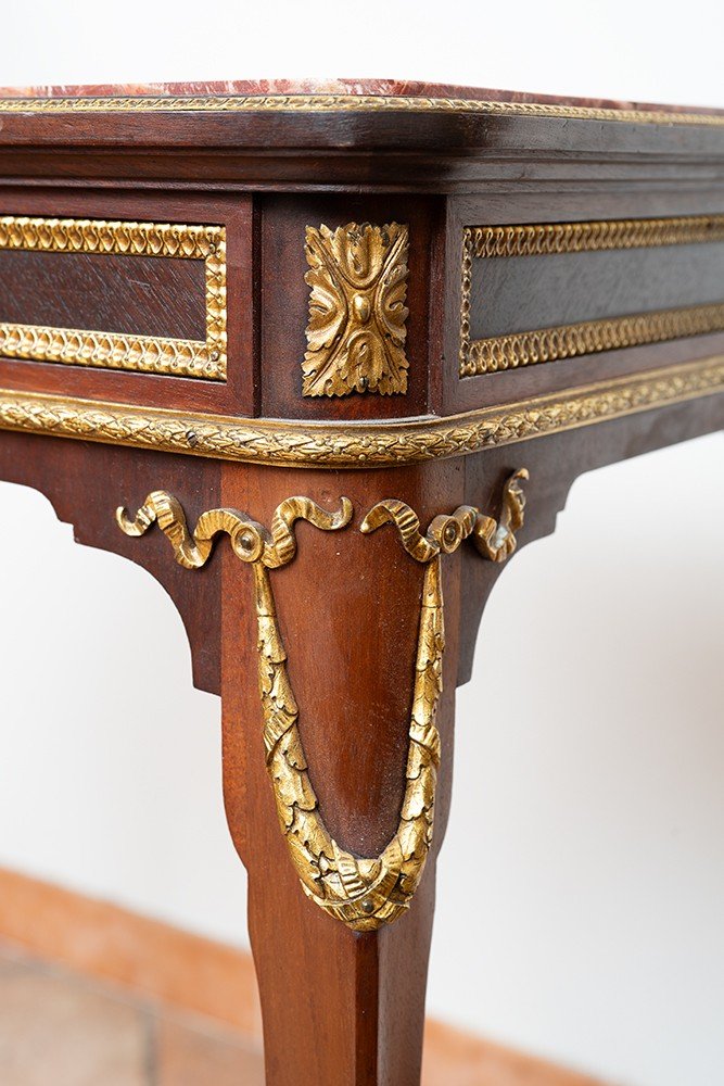 Tavolino antico Napoleone III Francese in massello di mogano con piano in marmo diaspro.-photo-4