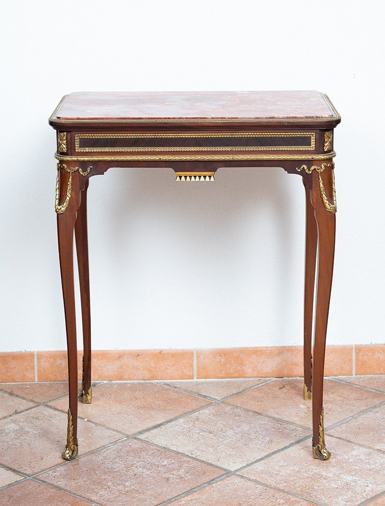 Tavolino antico Napoleone III Francese in massello di mogano con piano in marmo diaspro.-photo-1