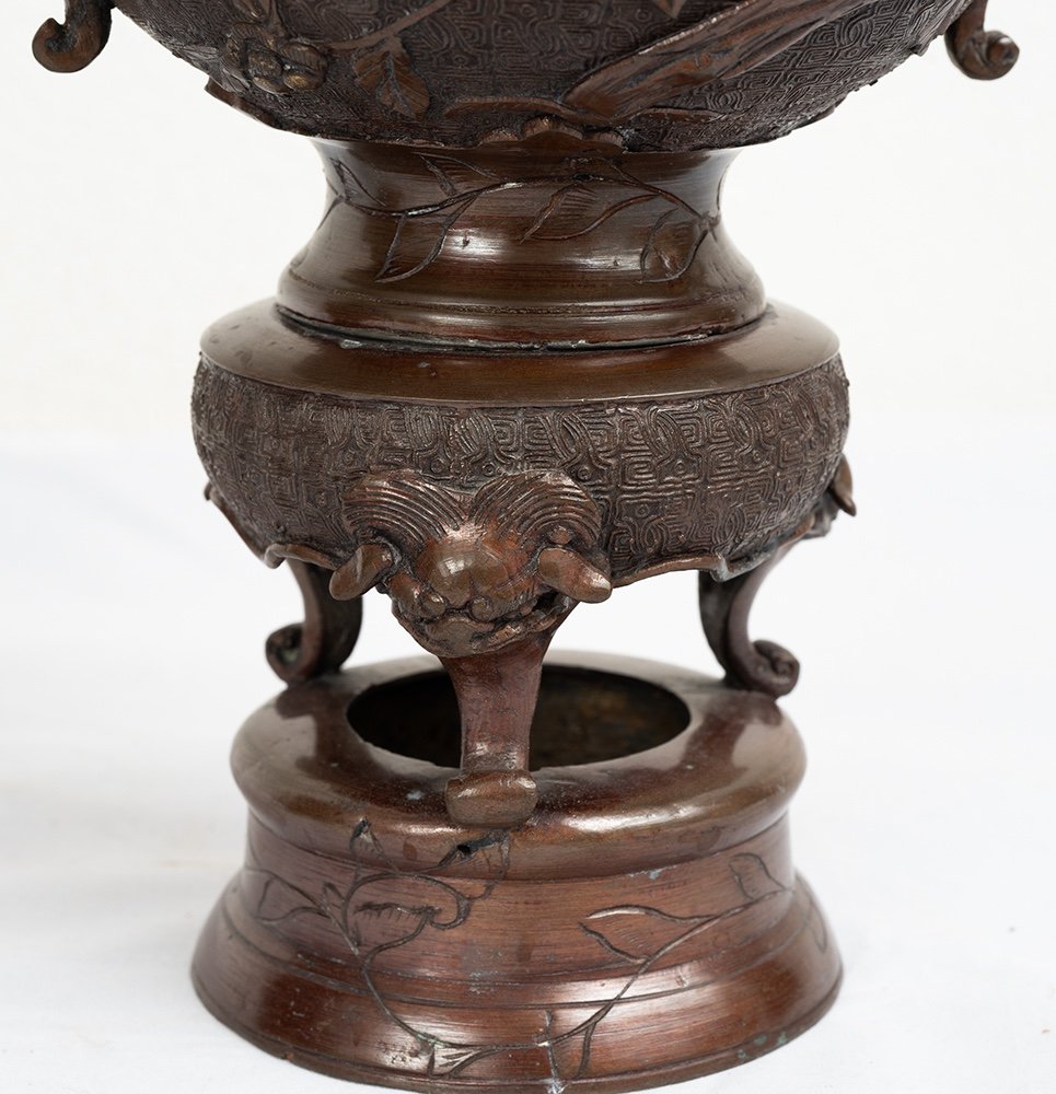 Coppia di bruciaprofumi antichi in bronzo patinato. Giappone XIX secolo.-photo-4