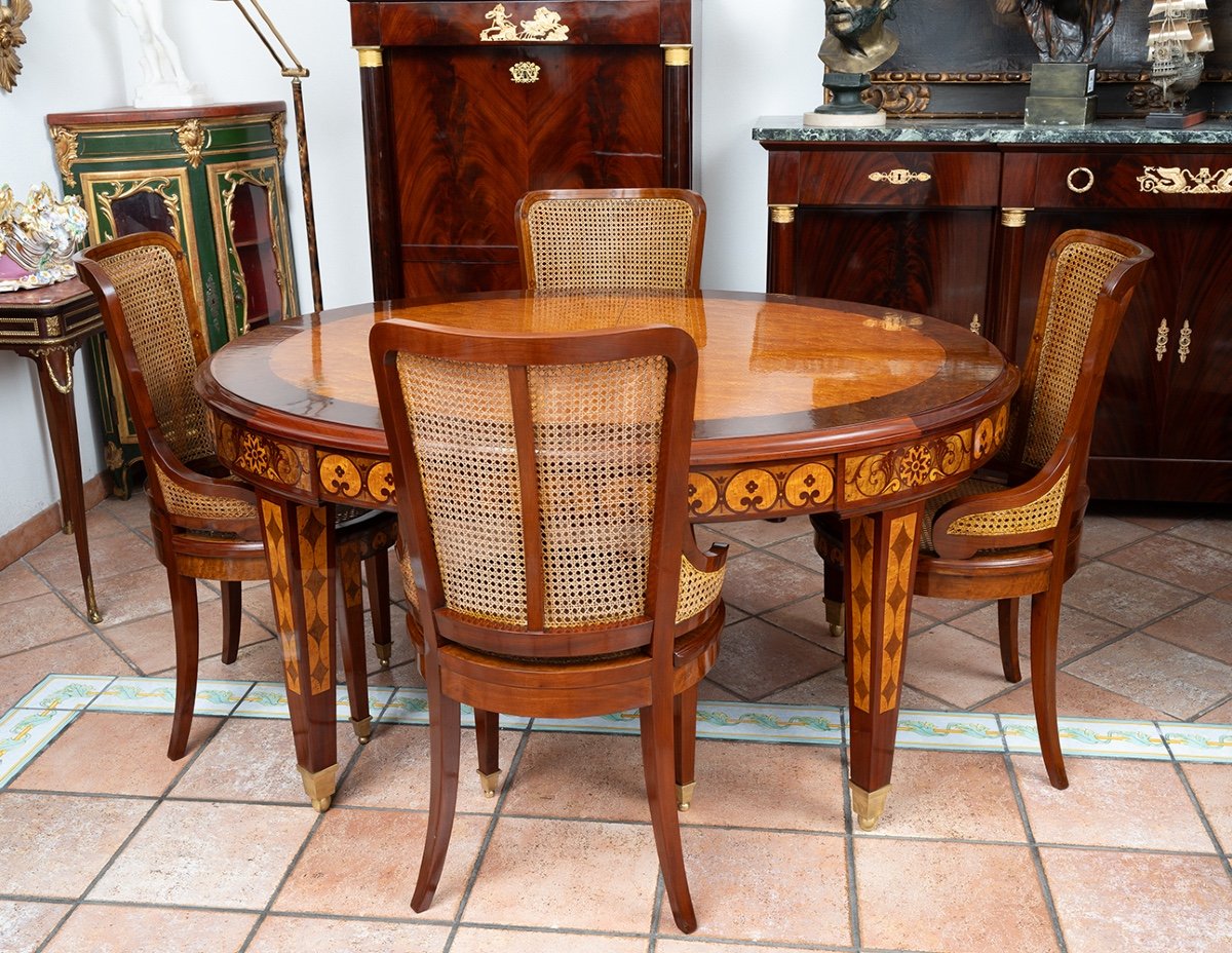 Tavolo antico + otto sedie Napoleone III Francese in legni policromi. Periodo XIX secolo.-photo-2